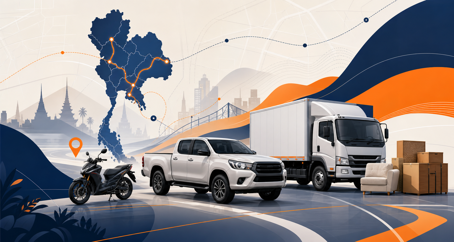 Conceptual illustration of Thailand transport routes with a motorcycle, pickup truck, box truck and furniture.